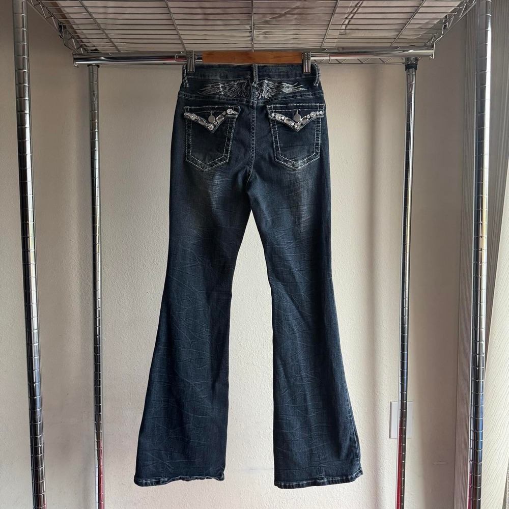 Romwe Womens Black Angel Wing Rhinestone Flap Pocket Bootcut Y2K Jeans Size S